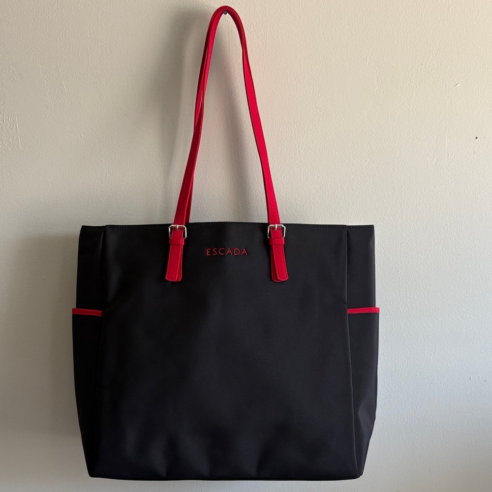 Escada Black Tote Red Straps Large Structured Work Bag Chic